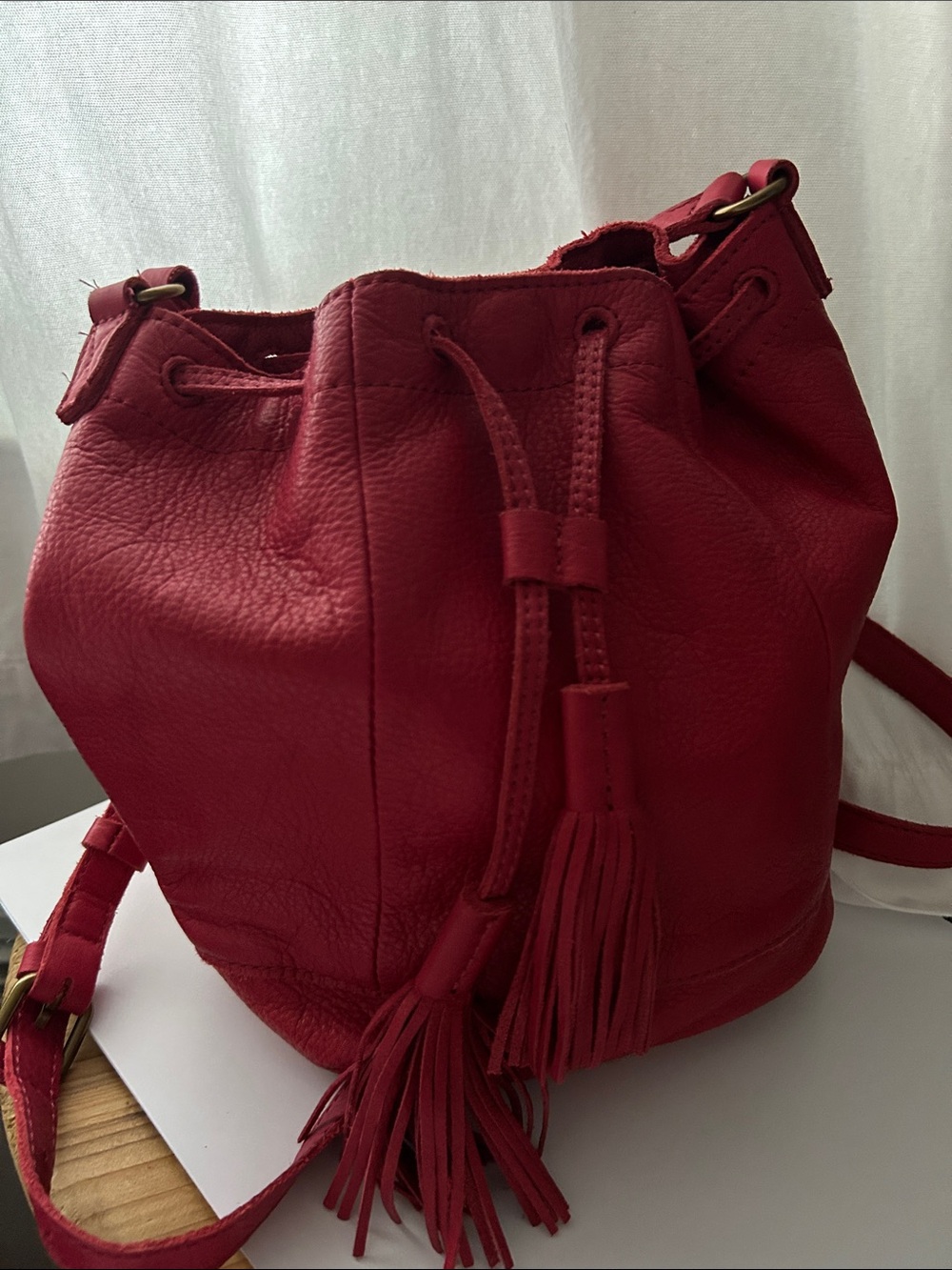 Lucky Brand Red Leather Drawstring Bucket Bag with Tassels
